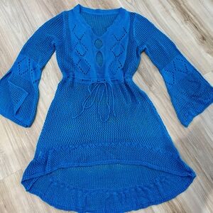 Blue Knit Dress with Bell Sleeves